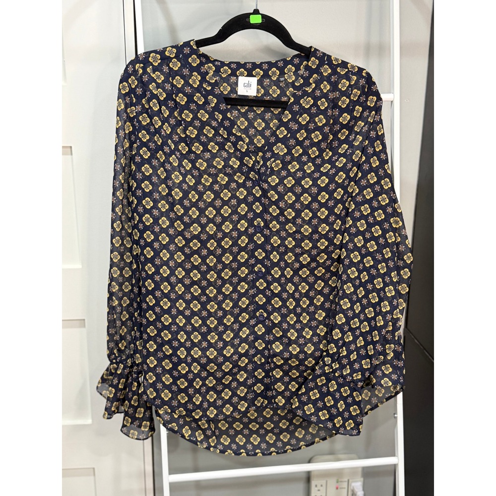 Cabi Navy Blue Yellow Medallion Print Ruffle Cuff Button Front Blouse 3772 Large